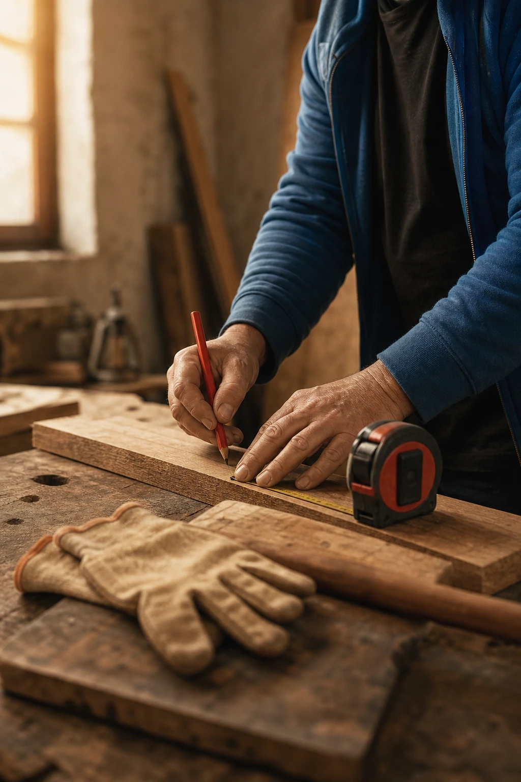 Handwerker bei der Arbeit an einer Holzplatte